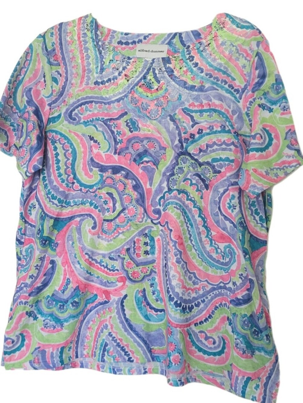 Alfred Dunner Womens Medium Blue Pink Paisley Lace Neck Beaded Short Sleeve Top